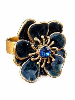 PILGRIM Flower Ring Blue Rhinestone Blue Enamel Gold Tone Adjustable 7
